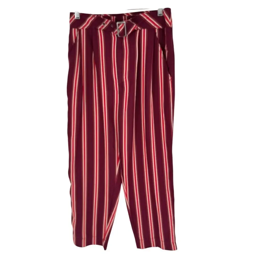 Free People Seemed Like Stripe Belted Crop Pant in Burgundy/Red Sz 2 Office Boho